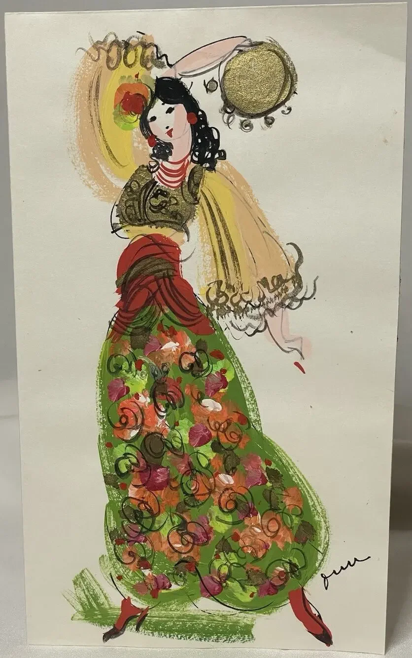 VTG Hand Painted Greeting Card w Envelope Mid Century Woman Floral Dress OOAK